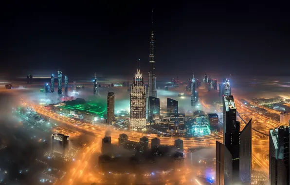 Ночь, город, огни, туман, Дубай, ОАЭ