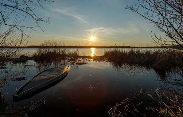 Картинка осень, трава, солнце, лучи, пейзаж, закат, природа, озеро