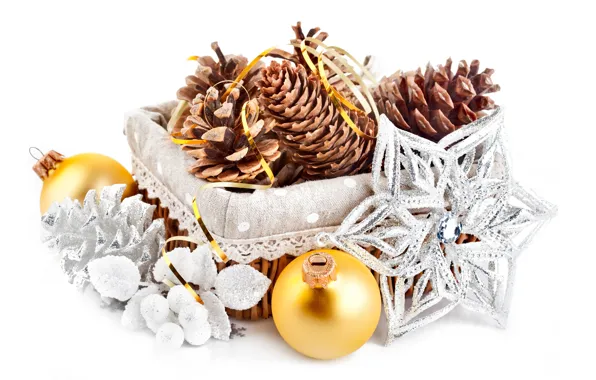 Шарики, украшения, шары, декорации, корзинка, Christmas, шишки, золотые