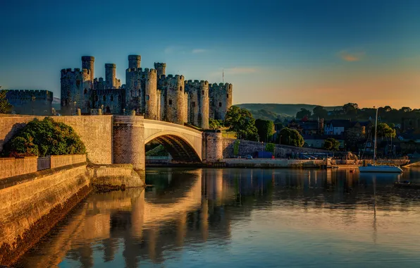 Мост, река, Великобритания, башни, Conwy Castle, графство Конуи