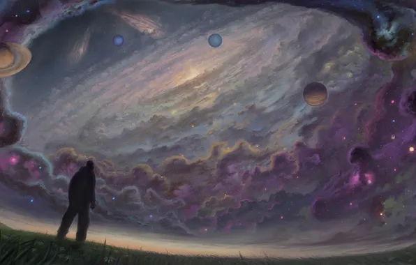 Картинка поле, небо, трава, звезды, планеты, человек, галактика