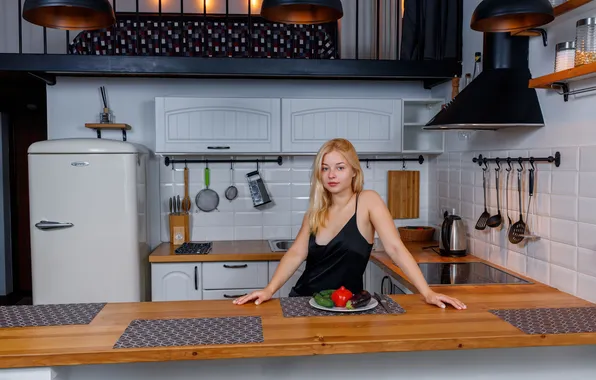 Long hair, model, gorgeous, photoshoot, posing, kitchen, beautiful face, blonde beauty