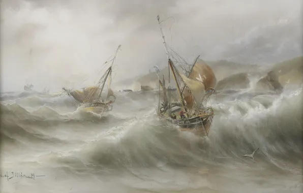 Волны, шторм, чайки, Herman Gustav Sillen, Море и корабли, шведская живопись