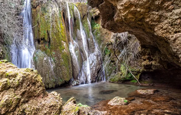 Скала, камни, водопад, мох, Испания, Castille la Mancha, Canete