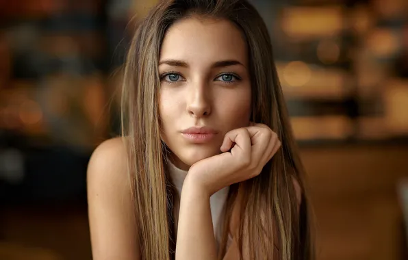 Картинка girl, Model, long hair, brown hair, photo, blue eyes, lips, face