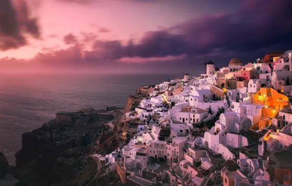 Clouds, Ocean, Greece, Sun Goes Down, Santorini Island
