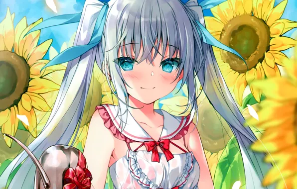 Girl, sexy, long hair, anime, beautiful, pretty, sunflower, attractive