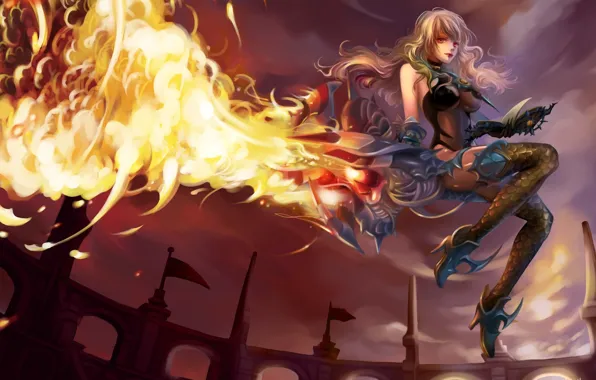 Девушка, тучи, замок, огонь, магия, арт, dragon nest, sorrowink