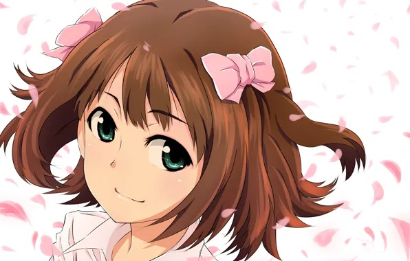 Девушка, аниме, лепестки, сакура, арт, бантики, idolmaster, amami haruka