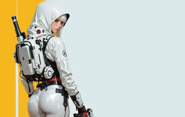 Ass, science fiction, white hair, white bodysuit, AI art, Stable Diffusion