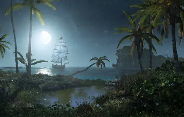 Ночь, корабль, остров, Black Flag, Assassin's Creed IV