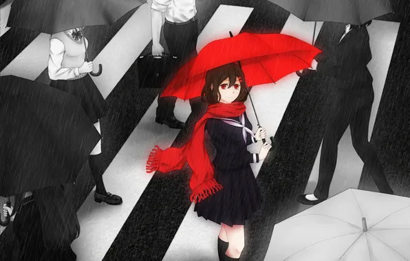 Картинка девушка, люди, дождь, зонт, аниме, шарф, арт, форма