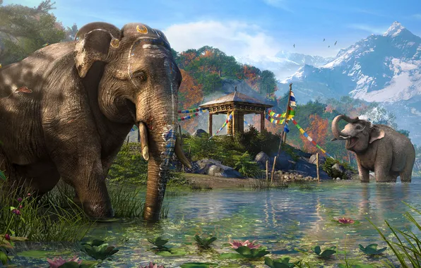 Картинка горы, озеро, слоны, Far Cry 4