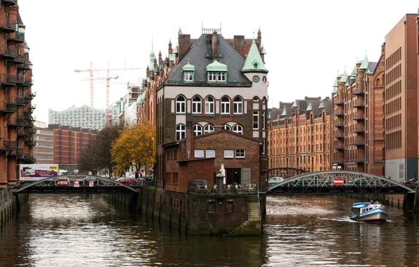 Картинка мост, город, река, здания, Германия, катер, Гамбург