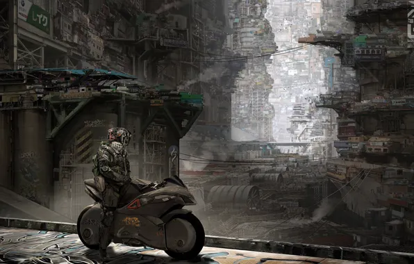 Картинка город, фантастика, робот, мотоцикл, байк, киборг, киберпанк, трущобы