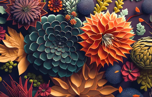 Картинка листья, цветы, фон, colorful, натюрморт, flowers, background, leaves