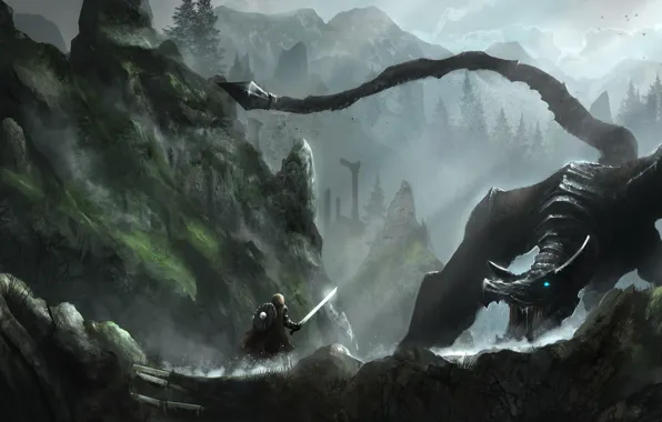 Картинка лес, горы, скалы, дракон, Skyrim