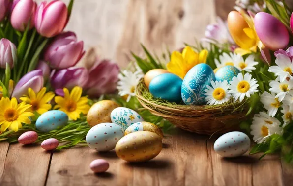 Картинка цветы, яйца, весна, colorful, Пасха, happy, flowers, spring