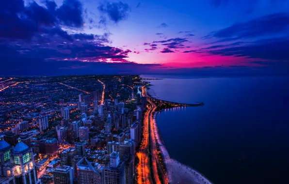 Пляж, город, океан, здания, дороги, Чикаго, USA, США