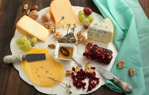 Картинка сыр, мед, виноград, орехи, блюдо, изюм, ассорти