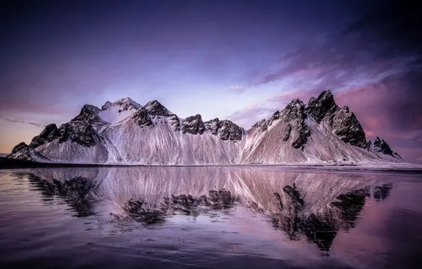 Пляж, горы, отражение, Исландия, Стокнес