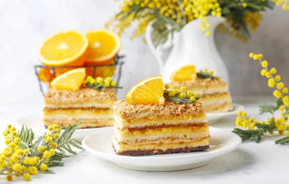 Цветы, стол, букет, апельсины, желтые, торт, кусочки, пирожное