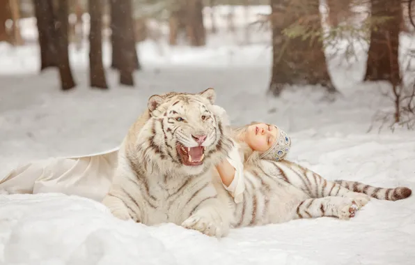 Зима, лес, белый, девушка, снег, деревья, ветки, природа