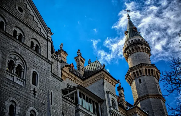 Небо, облака, замок, башня, Германия, Бавария, Нойшванштайн
