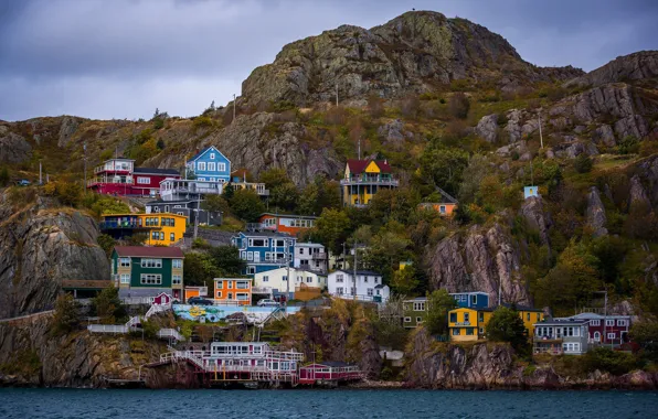 Картинка пейзаж, город, океан, гора, дома, Канада, Saint John Harbour, The Battery