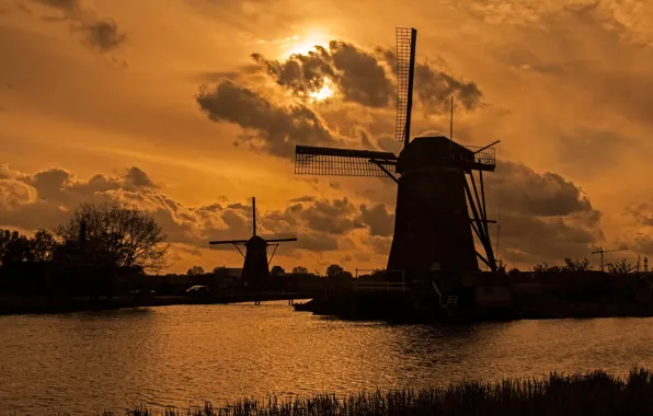 Вечер, канал, Нидерланды, ветряная мельница, Киндердейк