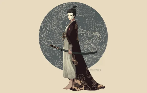 Картинка sword, fantasy, minimalism, weapon, katana, dragon, samurai, digital art