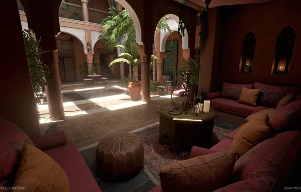 Пальмы, кальян, мебель, помещение, Moroccan Courtyard