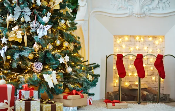 Украшения, шары, елка, Новый Год, Рождество, подарки, камин, Christmas