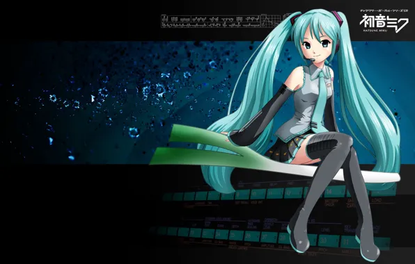 Галстук, микрофон, vocaloid, Hatsune Miku, вокалоид, на темном фоне, черные чулки, Хатсунэ Мику