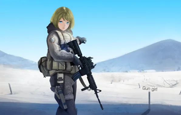 Картинка девушка, горы, оружие, пустыня, аниме, арт, солдат, pantsu shinshi