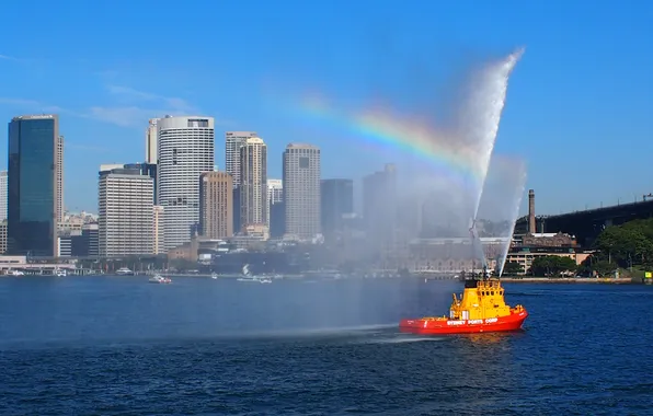 Картинка брызги, радуга, буксир, приветствие, струи воды, Сиднейская бухта, малый корабль
