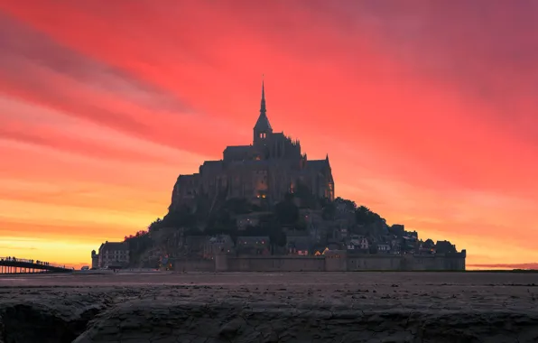 Небо, замок, Франция, зарево, Le mont Saint Michel