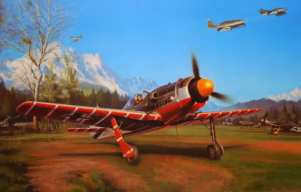 Авиация, рисунок, арт, истребители, Nicolas Trudgian, fw-190, me-262