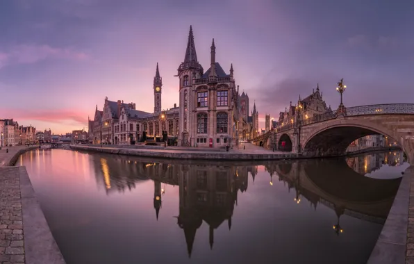 Картинка мост, отражение, река, здания, дома, Бельгия, архитектура, набережная
