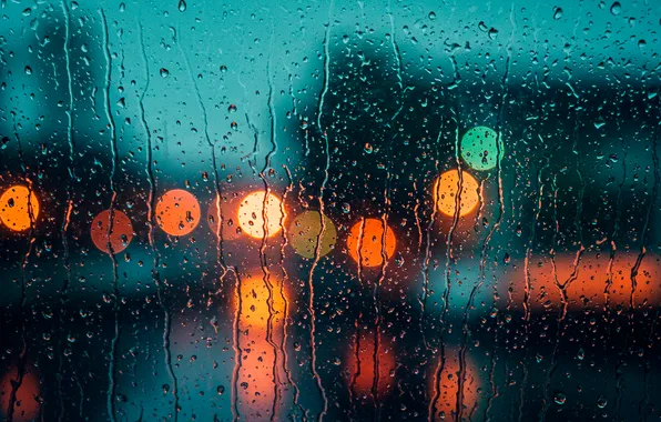 Стекло, капли, lights, огни, фон, дождь, обои, улица
