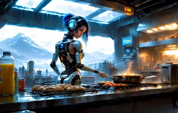 Android, в наушниках, вид из окна, на кухне, выпечка, robot anime, готовит еду, робот-гуманоид