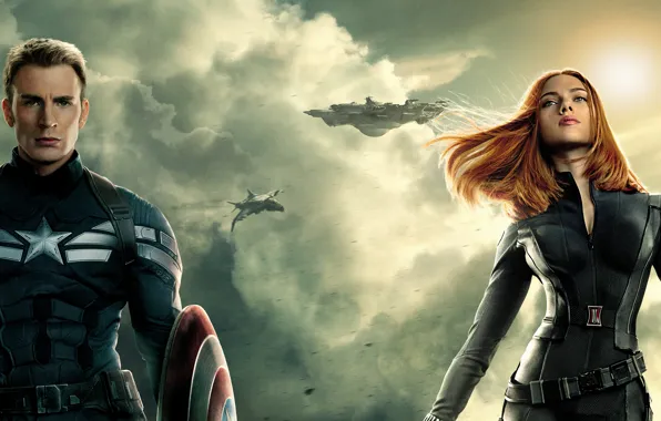 Картинка Scarlett Johansson, Girl, Action, Red, Men, Guns, Marvel, Captain America