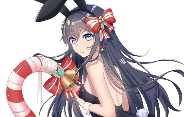 Взгляд, девушка, новый год, рождество, кролик, арт, Seishun Buta Yarou wa Bunny Girl Senpai no …