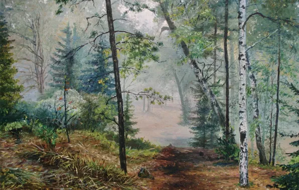 Пейзаж, природа, туман, картина, живопись, тропинка, Луценко, утренний лес