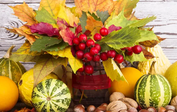 Картинка осень, листья, ягоды, урожай, тыква, орехи, autumn, leaves