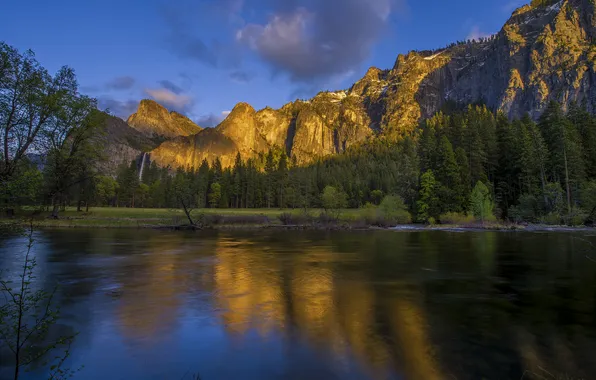 Картинка лес, небо, деревья, горы, озеро, водопад, США, Yosemite National Park