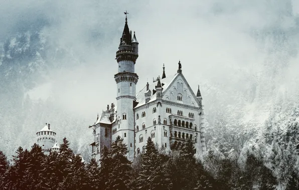 Картинка зима, лес, снег, замок, башня, Castle