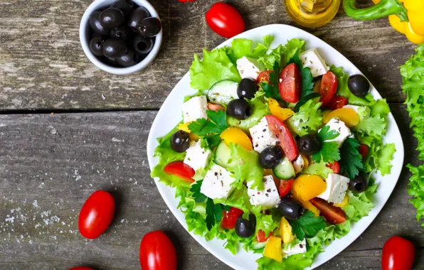 Еда, помидоры, салат, tomatoes, греческий, lettuce, paprika, olives
