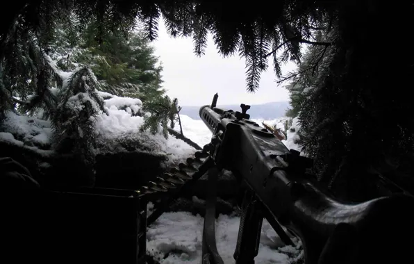 Снег, оружие, засада, хвоя, MG-42