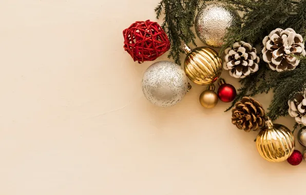 Картинка шарики, ветки, фон, шары, Рождество, Новый год, шишки
